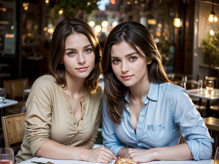 2heads, highly detailed, best resolution, closeup, two-headed girl, age 22, German, light brown hair, casual shirt, pretty, sitting in an outdoor eatery,