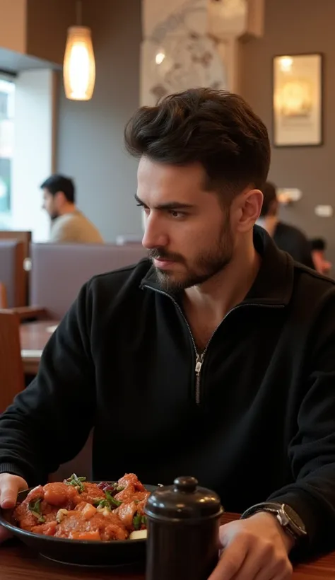 a young handsome turkish guy with muscle,  dark short hair and goatee he wearing a black halfzip sweatshirt amateur photo random picture he is in a restaurant amateur photo he sit not so close random photo dump