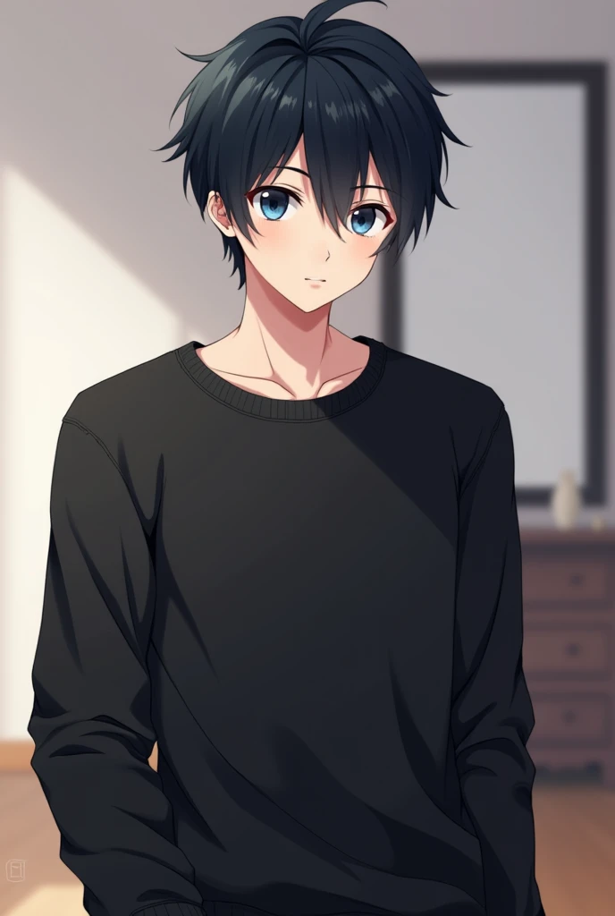 Play me a 19-year-old boy with dark hair and blue eyes, That he has a very good physique and that you can tell that he is a good guy, In the anime style and that you are in a living room or something similar that has a black sweater and that the walls of t...