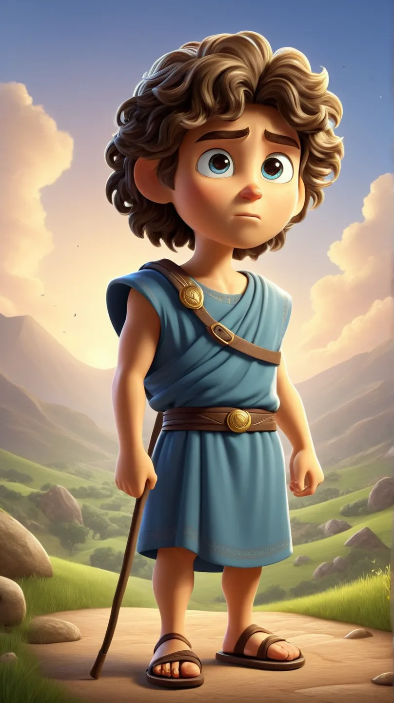 	A high-quality 3D cartoon-style illustration of David from the biblical story of David and Goliath. David is a young shepherd boy with curly brown hair, wearing a simple tunic and sandals. He stands confidently, holding a small stone in his hand, ready to...