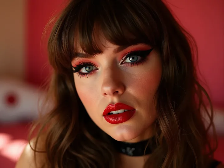 deep red lips, lip gloss, shiny lips, eyeliner flicks, thick eyeliner, latex outfit, cute makeup, brown hair, big eyes, in a brightly lit bedroom, egirl thot slutty promiscuous makeup, extreme zoom on face