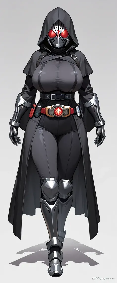  Masterpiece,  top quality ,  Hi-Res,  1girl , Alone、 Black leather clothing 、Big Breasts、  black robe  、black hood 。Iron Mask on Face , iron gauntlet on the arm 、  long pants、Iron Boots、Assassin&#39;s Outfit、 full body、Rider Belt,Use magic。