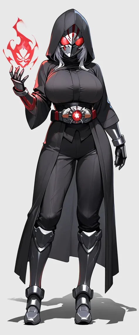  Masterpiece,  top quality ,  Hi-Res,  1girl , Alone、 Black leather clothing 、Big Breasts、  black robe  、black hood 。Iron Mask on Face , iron gauntlet on the arm 、  long pants、Iron Boots、Assassin&#39;s Outfit、 full body、Rider Belt,Use magic。