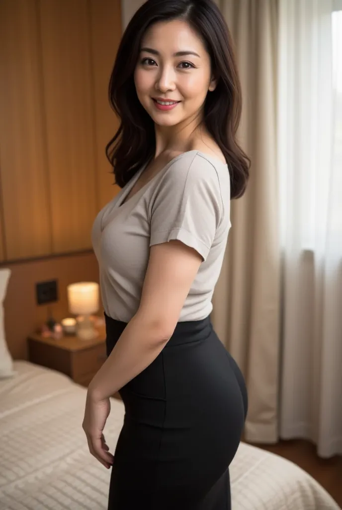    mature woman、  Japanese、48 years old (Mature Beauty: 1.5)、 kind, Enchanting Smiles 、( nasolabial folds :1.4)、  Natural Aging  、Warm Eyes 、(Fitted long skirt  :1.3)、  Soft  , Natural wrinkles 、  clean skin (1.4)、  very detailed (1.4)、 Unmatched Beauty li...