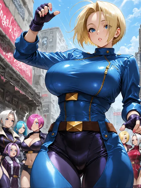 5girls, Angel (from King of Fighters) and her clones from King of Fighters, King of Fighters, Angel's suit, Dimly lit lab, They have different hair colors (each girl), big busty breasts, parted lips, Angel's clones, the clones are surrounding her,, looking...