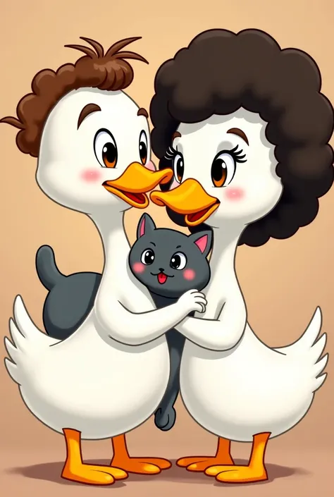 A cartoon comic style image depicting two anthropomorphic white ducks in the style of artist Don Rosa. The male duck has slightly long curly brown hair and the female duck has thick dark afro hair. The female ducks face characteristics are slightly more ef...