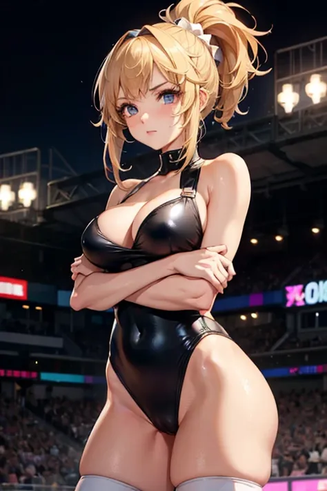 girl Fran, highest quality，masterpiece，The ultimate solution，fluffy，very colorful，colorful，Female Fighter，18-year-old female，Alone，semi-long，Cleavage、 wearing a Black gymnastics bloomers, High leg、white blouse, cowboy shot，Cyberpunk Night Background，Normal...