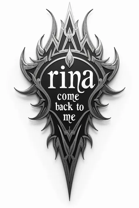 Tattoo sketch on a white background in the style of neo trible metallic, the inscription “Rina come back to me”