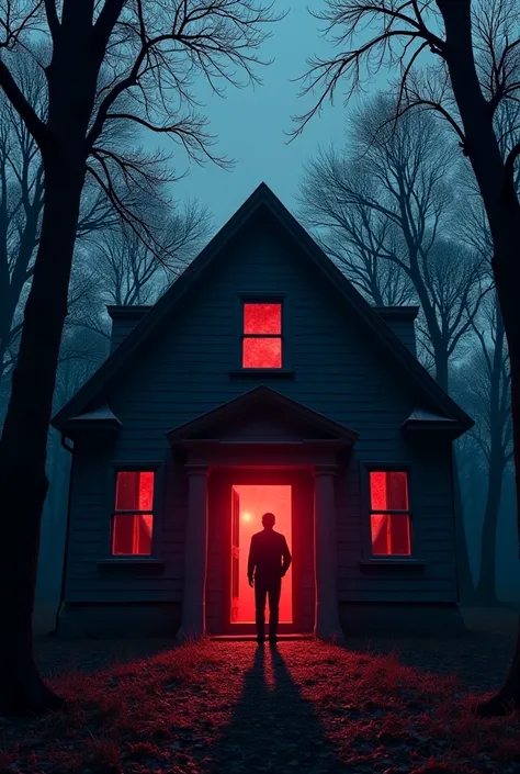 A house in the middle of a forest with trees around it and the front door of the abandoned house is slightly cracked at night and there is only the shadow of a man in front of the door.  You can combine dark colors and red