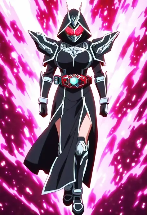  Masterpiece,  top quality ,  Hi-Res,  anime screenshot,  1girl , Alone、 Black leather clothing 、Big Breasts、  black robe  、black hood 、Iron Mask on Face , the wizard、red aura on the background、 iron gauntlet on the arm 、 Iron Boots、 full body、Rider Belt,