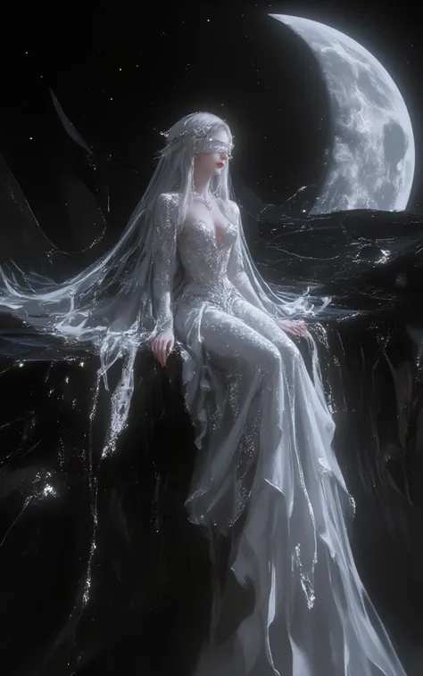 1 girl, solo, A Close Up The black scenery with the moon god sitting on top of a half moon. Colors only black, white and gray. The goddess wears a very long dress (elite mermaid style), closed dress, white ruffles at the end, long sleeves, very long and de...