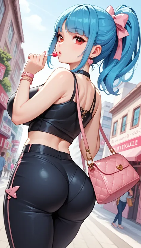 ((Busty Bitches)), score_9, score_8_up, score_7_up, source_anime, highly detailed, 1girl, ultra cute, ultra sexy, ultra curvy, ultra bouncy, ultra feminine, large breasts, ecchi, cutesy , Bratz doll, blue ponytail hair , pov: from behind, perfect ass, cute...