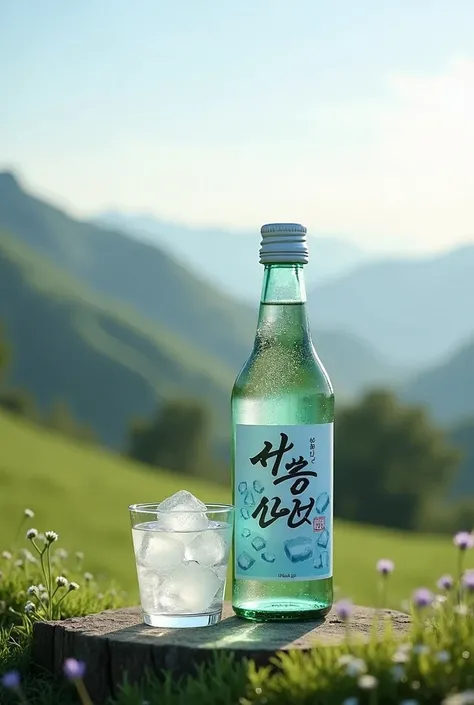 A bottle of Korean soju ,  transparent and with its characteristic clear color ,  is placed in the foreground .  The bottle is slightly tilted ,  as if it had just been served ,  y next to it is a small glass cup filled with soju with ice .  The ice cubes ...