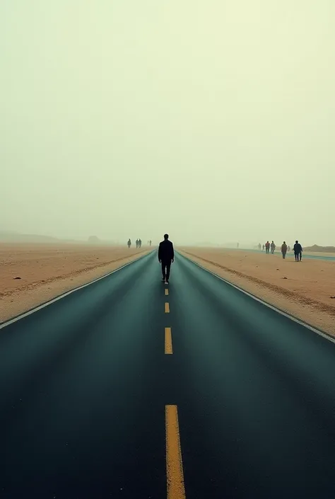 A long and empty asphalt road is visible. Tesfahun walks silently, lost in thought. The road is quiet, with only a few pedestrians and cars in sight.