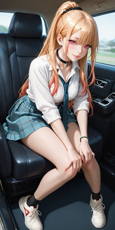 Masterpiece, newest, high contrast, very aesthetic, vibrant, mature female, marin kitagawa, high ponytail long hair, light yellow orange color hair light orange hair tips, dark pink eye color, senior high school girl uniform, white sneakers, medium breast,...