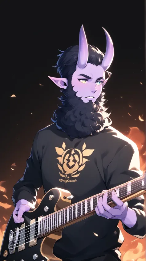 Male Bard rockstar Tiefling with purple skin,cool Tiefling horns with golden streaks, wearing adventuring gear ,character of D&D, black hair, black beard,Ojos azules, Sonrisa, playing_instrument, electric_guitar, perfect eyes, purple skin,medim black hair,...