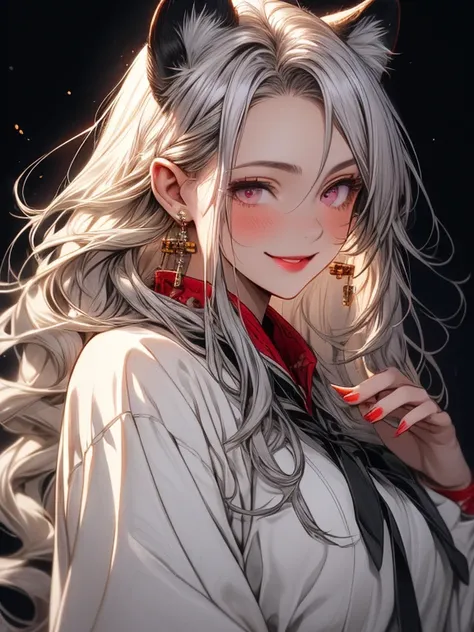  1 girl,  silver hair　 long hair　 white dress　 Long Sleeve　white china　gold and red earrings　 long eyelashes,  seductive smile,  cheeky face,  pink eyes,  red lips, Light blush, Leopard Ears　黒いLeopard Ears　tail　 Rough Breathing,  Hi-Res, 最 high quality,  h...