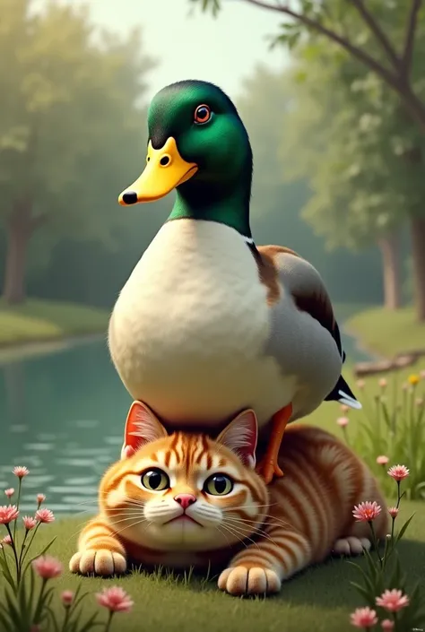 A duck on a cat