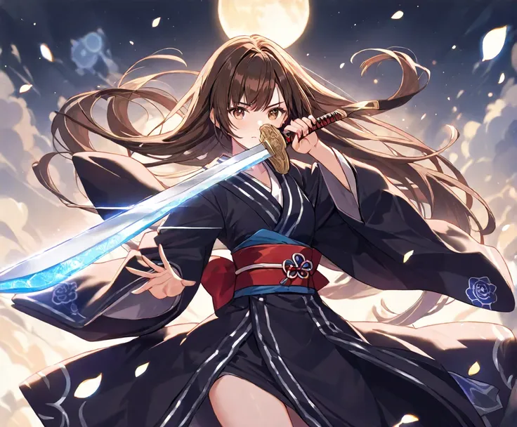  1 girl,  black dress ,
 brown hair illuminated by the moon , Shortcut,  kimono, holding a sword