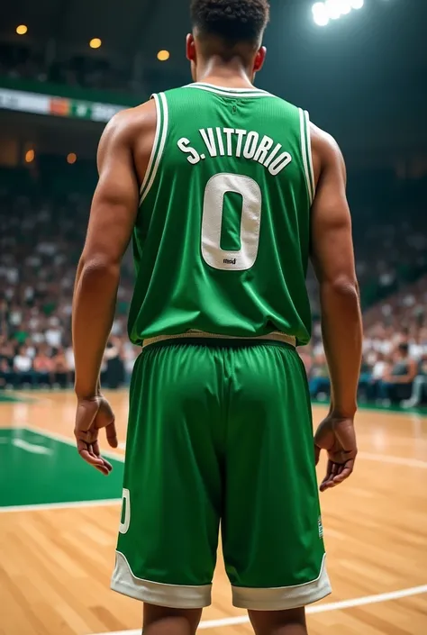 Basketball jersey green and white gower team name on the front number 0 and S.vittorio for the players name in the back