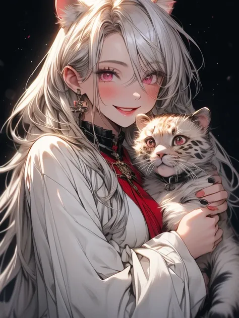  1 girl,  silver hair　 long hair　 white dress　 Long Sleeve　white china　gold and red earrings　 long eyelashes,  seductive smile,  cheeky face,  pink eyes,  red lips, Light blush, Leopard Ears　黒いLeopard Ears　tail　 Rough Breathing,  Hi-Res, 最 high quality,  h...