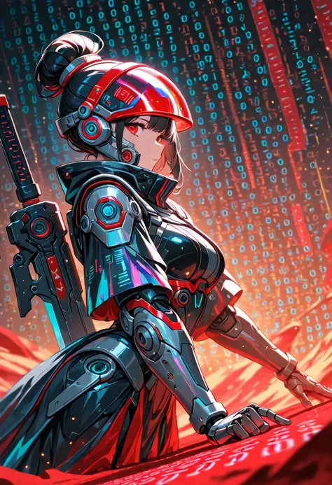 Smooth Quality, 1girl, solo, cyberpunk armor, black hair, eamasterpiece, newest,absurdres,very awa, solo, cyborg, (from side:0.9), jacquard fabric, damask, , intricate detail, helmet,dynamic pose, iridescent, holding sword, sword behind back, dynamic angle...