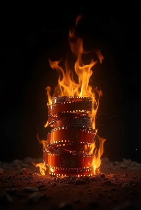 On an all-black background, A stack of film rolls is on fire