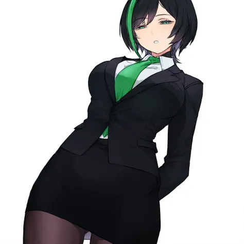 Queen、alone、 black hair、 android 、 1 girl、Stand、 half-open eyes、 look down、 tired face、Kuma、 black women's business suit、 black miniskirt、 black tights、 green tie 、green streaked hair、arm behind back