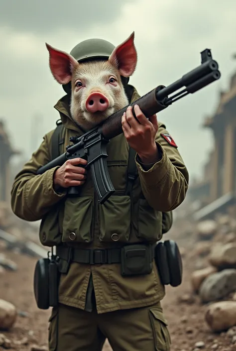 A soldier uses a domestic pig as a rifle 