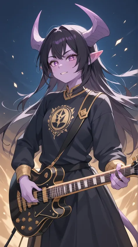 Female Bard rockstar Tiefling with purple skin,cool Tiefling horns with golden streaks, wearing adventuring gear ,character of D&D, black hair,Ojos azules, Sonrisa, playing_instrument, electric_guitar, perfect eyes, purple skin,medim black hair,