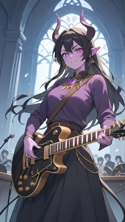 Female Bard rockstar Tiefling with purple skin,cool Tiefling horns with golden streaks, wearing adventuring gear ,character of D&D, black hair,Ojos azules, Sonrisa, playing_instrument, electric_guitar, perfect eyes, purple skin,medim black hair,