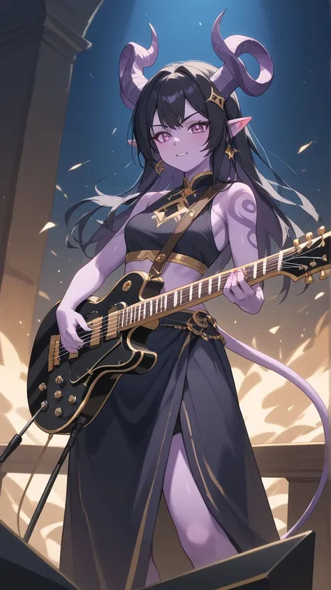 Female Bard rockstar Tiefling with purple skin,cool Tiefling horns with golden streaks, wearing adventuring gear ,character of D&D, black hair,Ojos azules, Sonrisa, playing_instrument, electric_guitar, perfect eyes, purple skin,medim black hair,