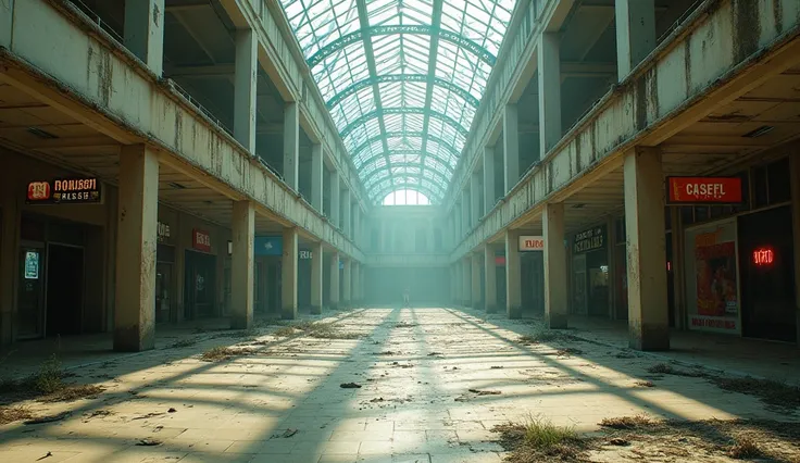 Empty post-apocalypse shopping mall with famous brands ,In 8K realistic
Without characters