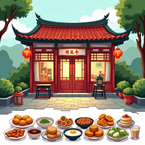 Traditional retro breakfast room exterior of a small Chinese-style room， Painting the traditional retro breakfast restaurant look of a small Chinese room with a row of yakitori 、Fritters、 green onion cake 、Black tea、Rice pudding 、soy milk、Steamed bun、 Egg ...