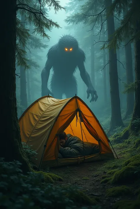 Man sleeping in a tent in the middle of the forest ,  there is a monstrous shadow prowling among the trees