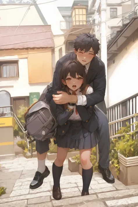 1 girl and 1 boy,  highschool uniform japanese ,  girl carrying boy ,  girl with annoying expression ,  boy holds his glasses ,  boy's glasses with completely white glass ,  japanese backpack ,  lucky cat peeking out from inside the backpack,  Dandadan vib...