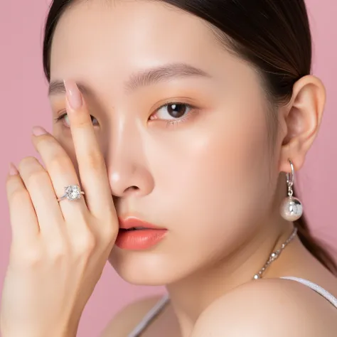 OBoumei,
A close-up shot of a woman's face
with a ring on her left hand
is positioned to the left of her face. The woman's eyes are blue
and her hair is dark brown
and she is wearing a silver necklace. The background is a soft pink
and the woman's right ea...