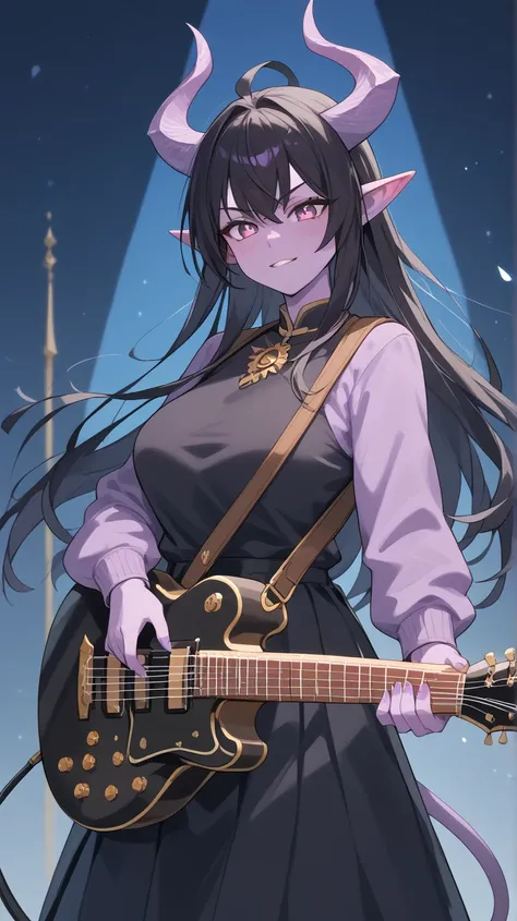 Female Bard rockstar Tiefling with purple skin,cool Tiefling horns with golden streaks, wearing adventuring gear ,character of D&D, black hair,Ojos azules, Sonrisa, playing_instrument, electric_guitar, perfect eyes, purple skin,medim black hair,