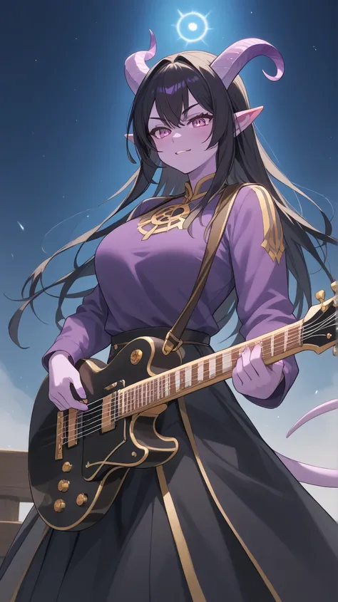 Female Bard rockstar Tiefling with purple skin,cool Tiefling horns with golden streaks, wearing adventuring gear ,character of D&D, black hair,Ojos azules, Sonrisa, playing_instrument, electric_guitar, perfect eyes, purple skin,medim black hair,