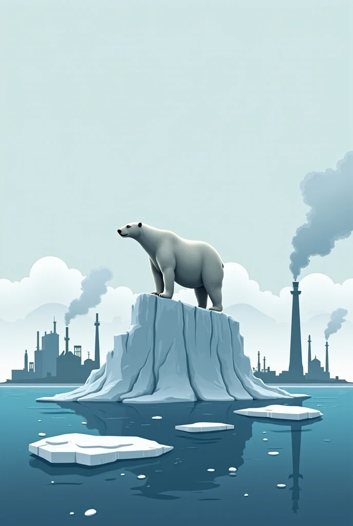 Make a realistic and moving image with a setting with a gray sky with clouds listening in the background with several factories and mills emitting smoke with a sea on the side with a mountain of glaciers melting with a polar bear on top of a block of ice m...