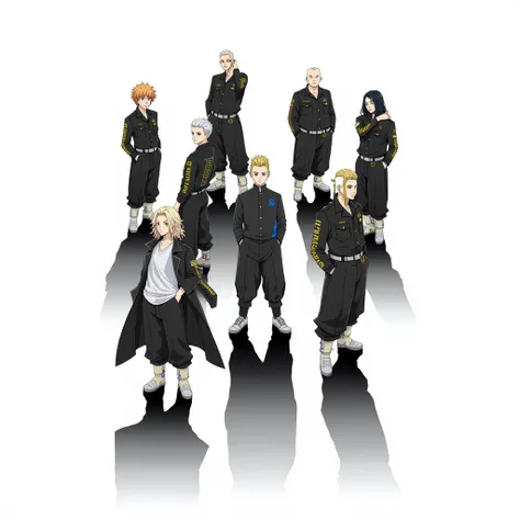 grupo de 7 pandilleros estilo anime de seinen con ciudad de fondo.

First boy:  boy.65 tall,  athletic body, wavy black hair with bangs y taper fade, cold expression,  brown eyes oscuros,  short sleeve black polo sweater with blue edges and a  "g"  small b...