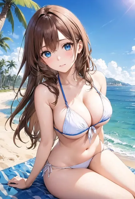 Asuna , long hair,  Brown hair , braid,  brown eyes, (This is 、  is a close-up of a young animated girl wearing a bikini on the beach:1.4),(alone:1.4),( 1 Best Girl :1.4),( 長 Brown hair  :1.3), (  White Bikini Top :1.3),(  White Bikini Under a Palm Tree   ...