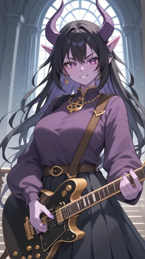 Female Bard rockstar Tiefling with purple skin,cool Tiefling horns with golden streaks, wearing adventuring gear ,character of D&D, black hair,Ojos azules, Sonrisa, playing_instrument, electric_guitar, perfect eyes, purple skin,medim black hair,