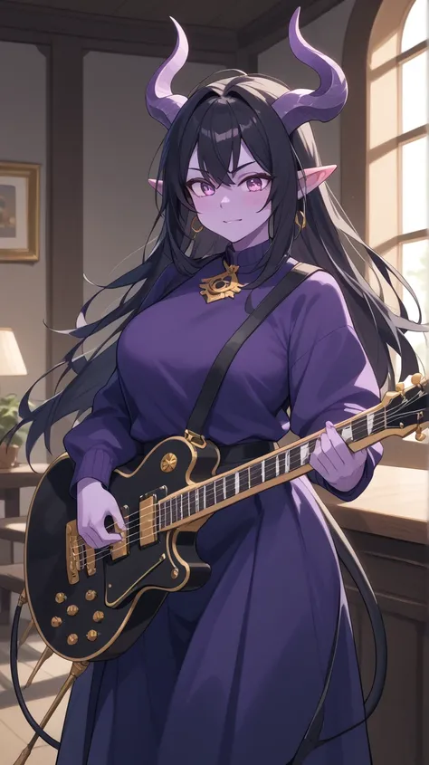 Female Bard rockstar Tiefling with purple skin,cool Tiefling horns with golden streaks, wearing adventuring gear ,character of D&D, black hair,Ojos azules, Sonrisa, playing_instrument, electric_guitar, perfect eyes, purple skin,medim black hair,