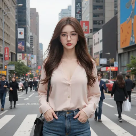 Beautiful woman is walking in the downtown crowd. by wearing casual clothes and glasses.