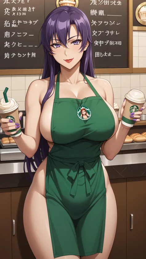 Girls, smile, red lips, fair skin, long hair, bog boobs, big breats, big ass, big butt, sexy body, thic body, sexy girls, nails, purple nails colors, apron, starbucks apron, barista girls, barista girls starbucks, Right hand holding a Starbucks drinking gl...