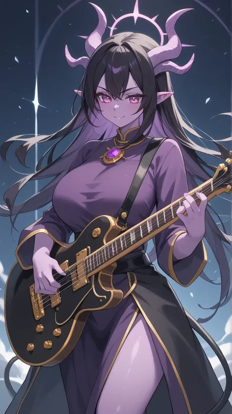 Female Bard rockstar Tiefling with purple skin,cool Tiefling horns with golden streaks, wearing adventuring gear ,character of D&D, black hair,Ojos azules, Sonrisa, playing_instrument, electric_guitar, perfect eyes, purple skin,medim black hair,