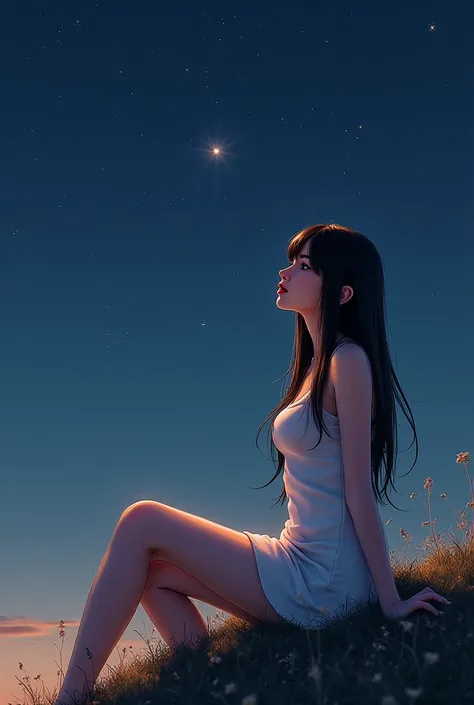  High resolution ,  masterpiece,  Precise,  anatomically correct,  high quality,  full body,  Long hair, cabello negro,  big breasts, Girl sitting on a hill,  short white dress, Red lips, Clear skin,  European features, Watching the night sky, Bright Stars