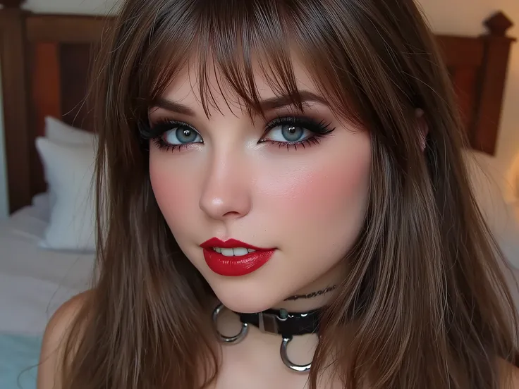 deep red lips, lip gloss, shiny lips, eyeliner flicks, thick eyeliner, latex outfit, cute makeup, brown hair, big eyes, in a brightly lit bedroom, egirl thot slutty promiscuous makeup, extreme zoom on face