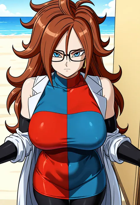 android21, android 21, blue eyes, brown hair, glasses, long hair, very long hair, black-framed eyewear, serious face, little smile, close mouth, black sleeves, checkered clothes, checkered dress, detached sleeves, dress, lab coat, turtleneck, indoors, Blac...